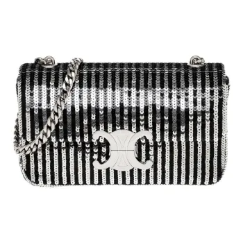 CELINE Triomphe Sequins Satin Handbag Shoulder Bag Crossbody Bag Women's Black & Silver
