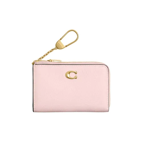 COACH Essential Polished Pebbled Leather Key Pouch Mini Women's Brass With Pink Accents