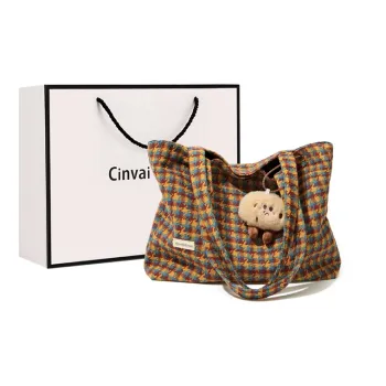Simvay Clos Fabric Handheld Tote Bag Shopping Bag Shoulder Bag Large Size Women's Houndstooth Yellow