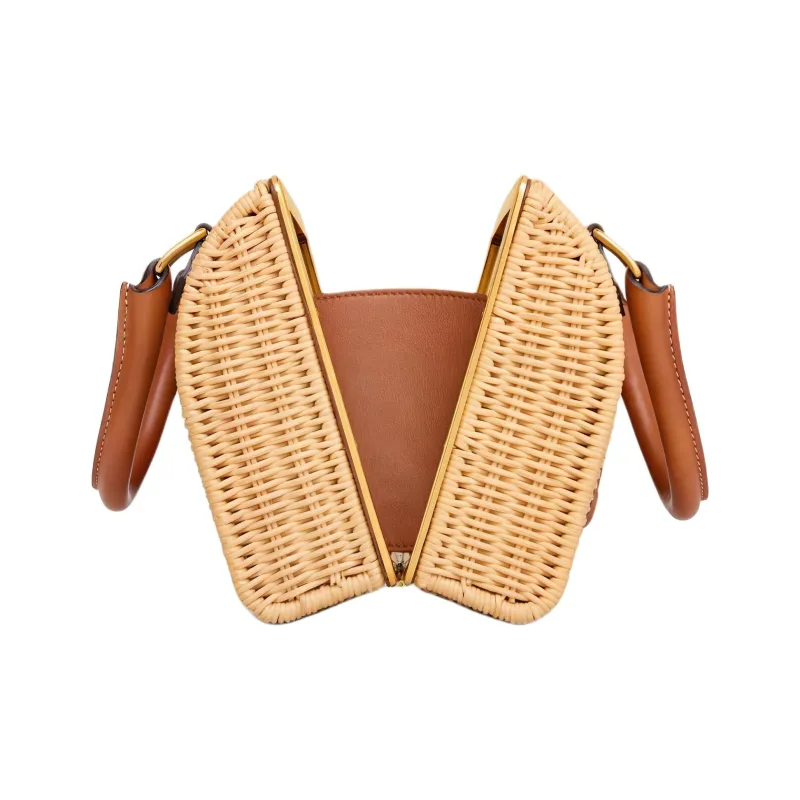 CELINE Wicker With Calfskin Shoulder Bag, Crossbody Bag, Handbag Small Size Women's Natural & Tan-2
