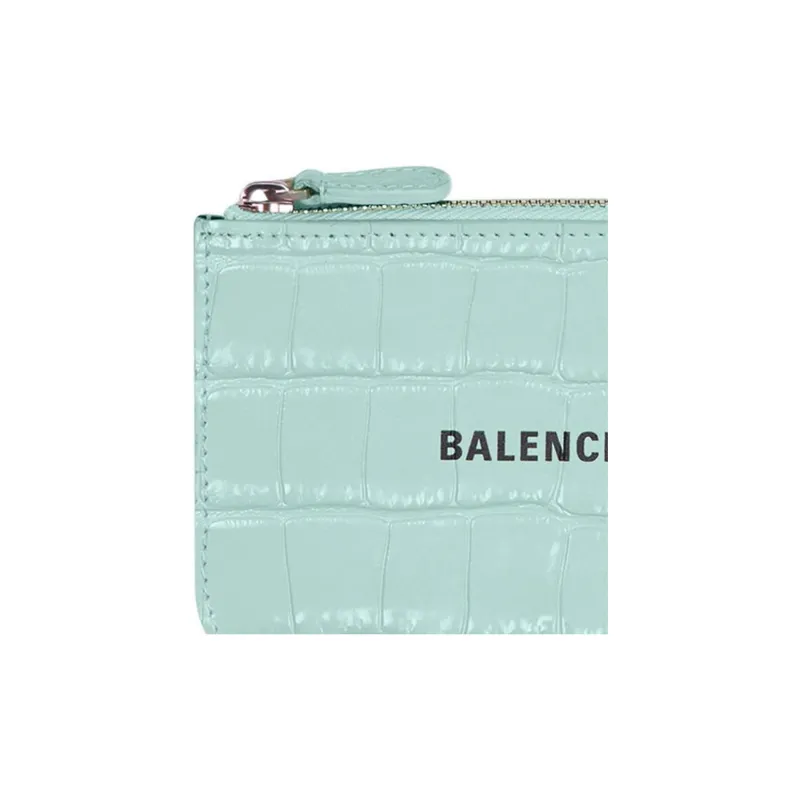 Balenciaga Cash Shiny Crocodile Pattern Embossed Cow Leather Coin Purse Card Clip Card Holder Large Size Women's Green-3