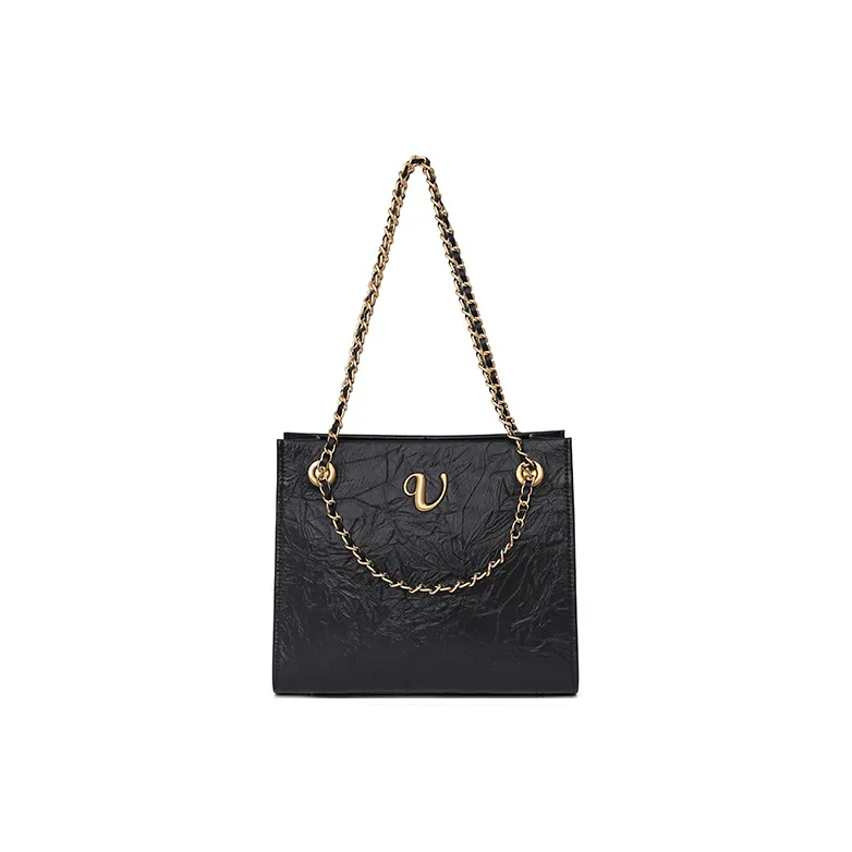 VALUNCICA EUROPHAM Cowhide Leather Chain Tote Commute Versatile One Shoulder Shoulder Bag Large Size Women's Black-0