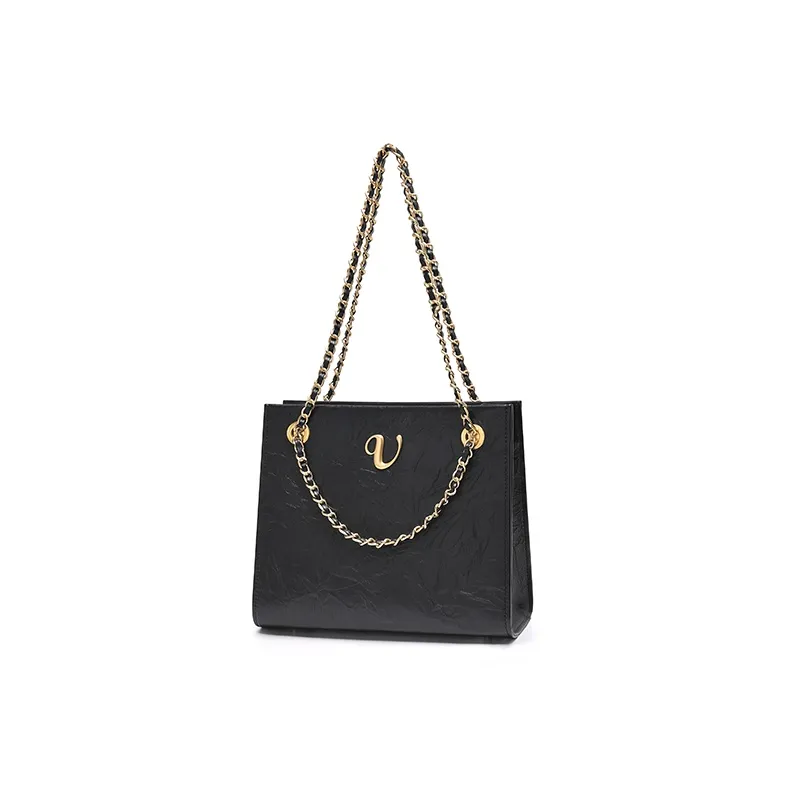 VALUNCICA EUROPHAM Cowhide Leather Chain Tote Commute Versatile One Shoulder Shoulder Bag Large Size Women's Black-1
