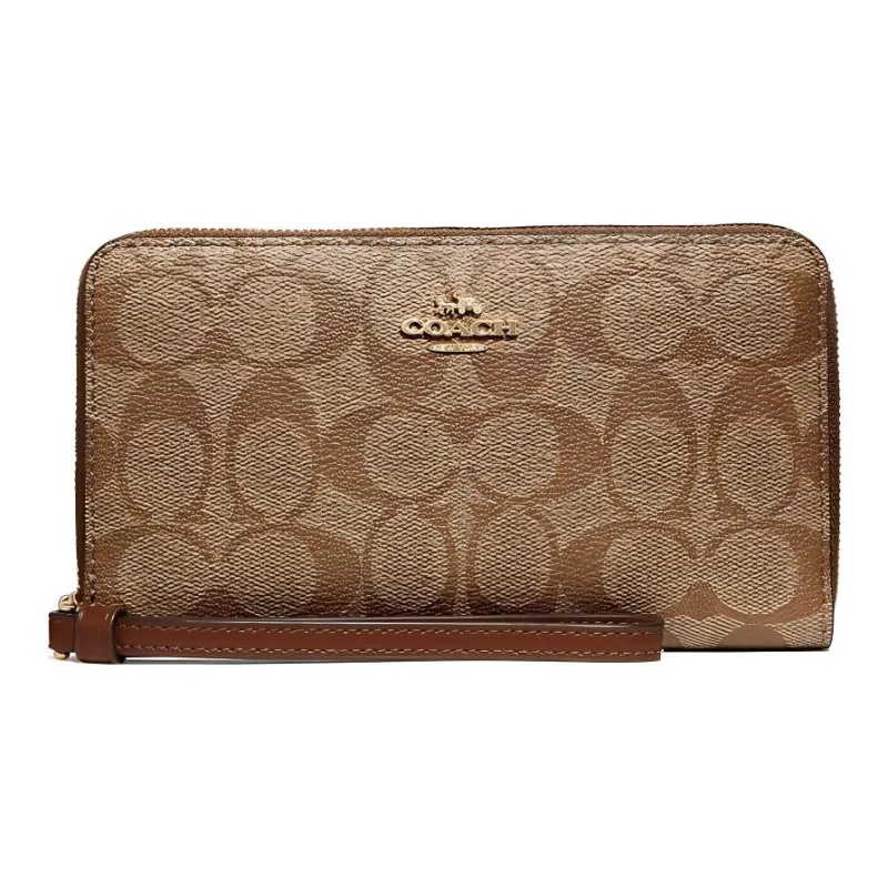 COACH Canvas With Leather Cell Phone Pouch Wallet Trumpets Women's Khaki & Dark Brown-0