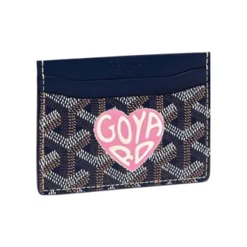 GOYARD Canvas With Calfskin Card Clip Card Holder Unisex Marine Blue With Pink Accents And Small Heart Design