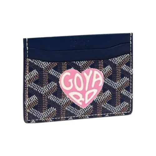 GOYARD Canvas With Calfskin Card Clip Card Holder Unisex Marine Blue With Pink Accents And Small Heart Design