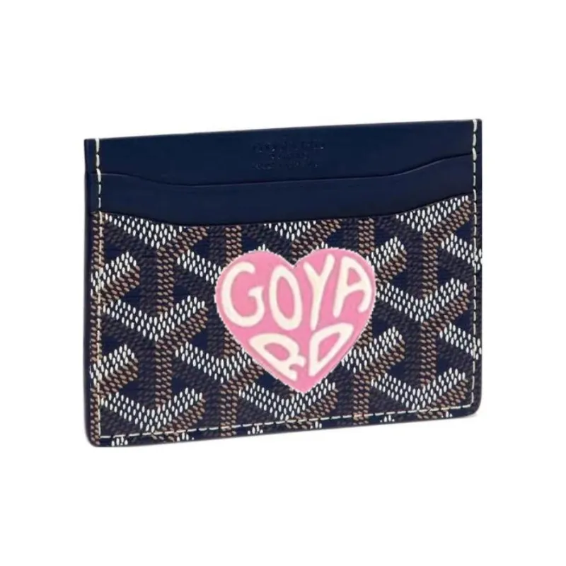 GOYARD Canvas With Calfskin Card Clip Card Holder Unisex Marine Blue With Pink Accents And Small Heart Design-0