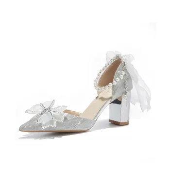 Medd Bowknot French Pointed Toe Crystal Wedding Shoes Slim Heel High Heels 8CM Women's Silver