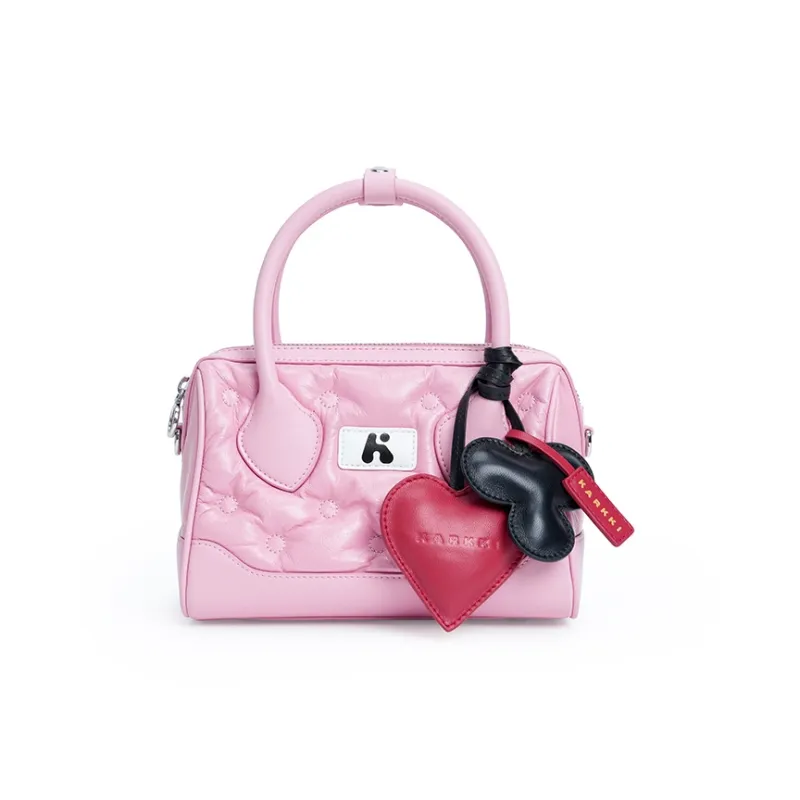 Karkki Cow Leather Boston Bag Handbag Medium Size Women's Pink-2