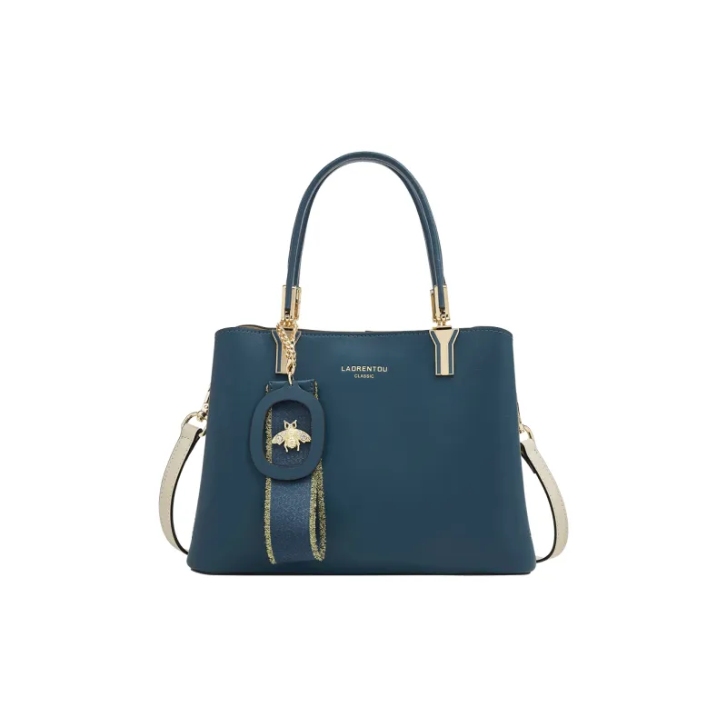 Old Man's Head Cow Split Leather+Synthetic Leather Crossbody Tote Handbag Regular Women's Dark Cyan/White-6