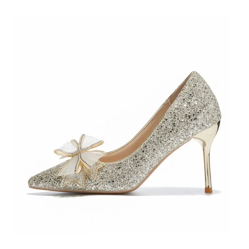 Medd Bowknot French Crystal Wedding Shoes Slim Heel High Heels Women's-15