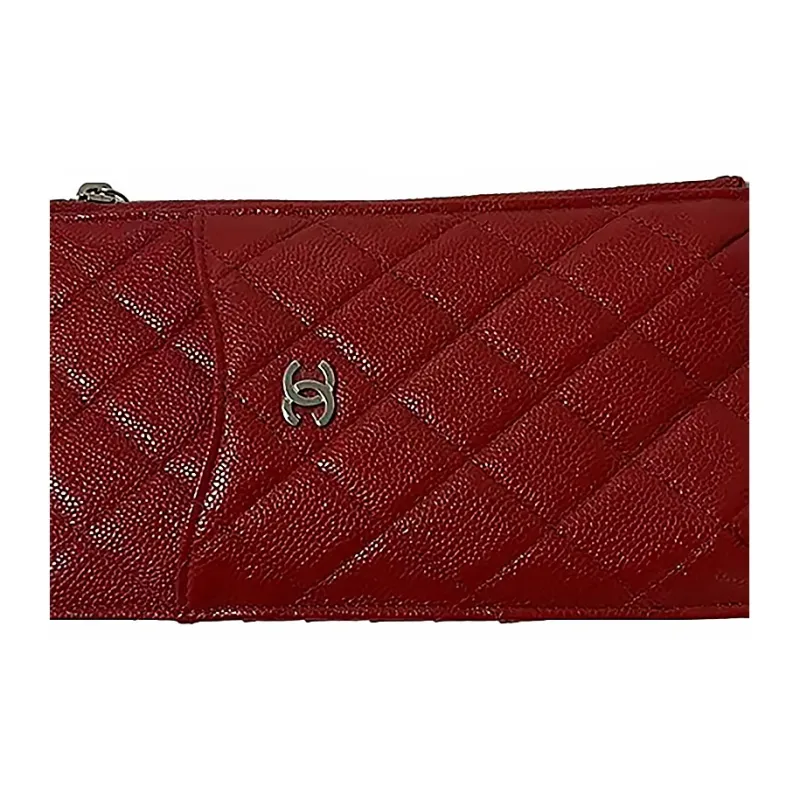 CHANEL Litchi Shinny Leather Calfskin Long Wallet Coin Purse Women's Red-3