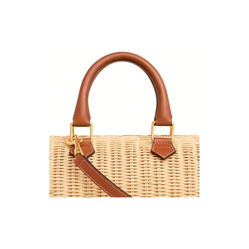 CELINE Wicker With Calfskin Shoulder Bag, Crossbody Bag, Handbag Small Size Women's Natural & Tan-5
