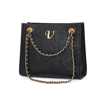VALUNCICA EUROPHAM Cowhide Leather Chain Tote Commute Versatile One Shoulder Shoulder Bag Large Size Women's Black-2