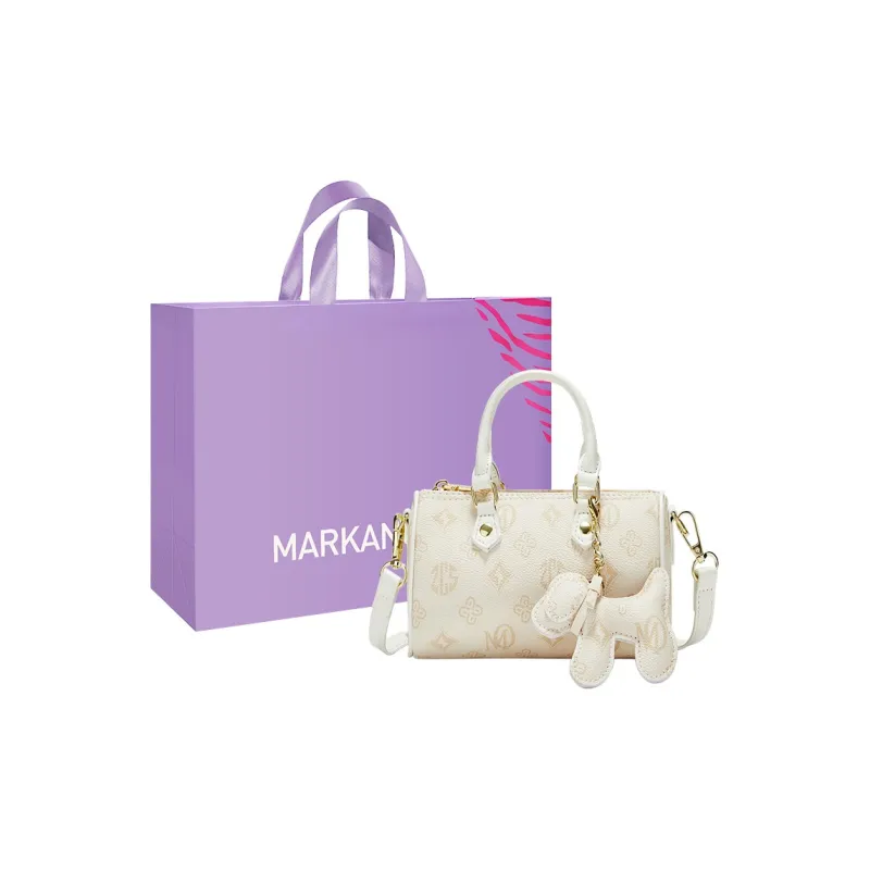 MARKANGARO Synthetic Leather Boston Bag Regular Unisex White/Dark Brown/Pink-10