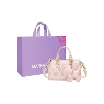 MARKANGARO Synthetic Leather Boston Bag Regular Unisex White/Dark Brown/Pink