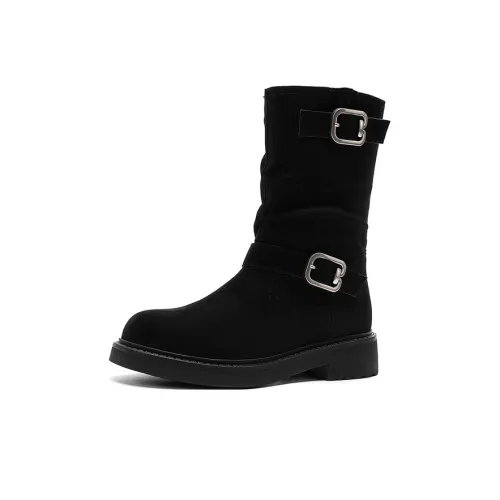 JOSINY Vintage Style Fleece Lined Warm Single Boot Flat Crew Ankle Boots Women's Black