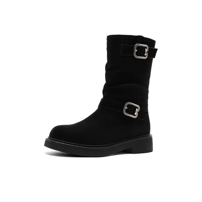 JOSINY Vintage Style Fleece-Lined Warm Single Boot Flat Crew Ankle Boots Women's Black-0