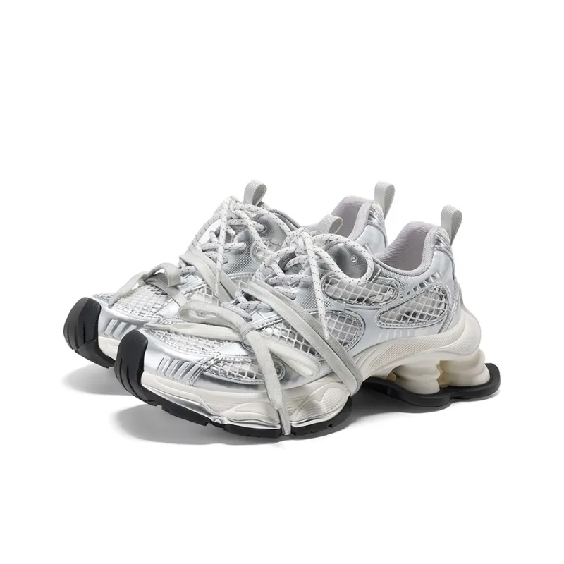 GG CC Urban Techwear Platform Casual Shoes Anti Slip Wear Resistant Low Top Distressed Chunky Sneakers Women's Silver-2