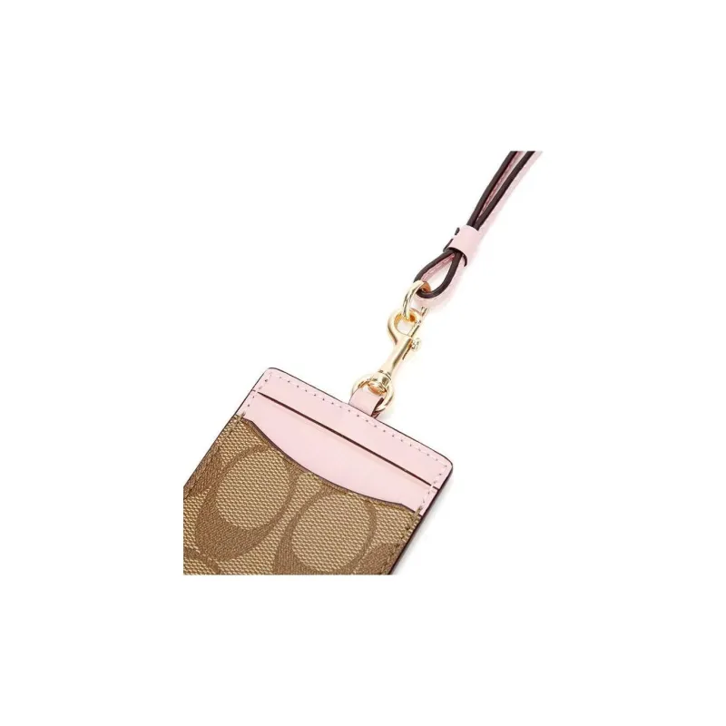 COACH Artificial Leather Card Sleeve Holder Women's Khaki With Light Pink Accents-5