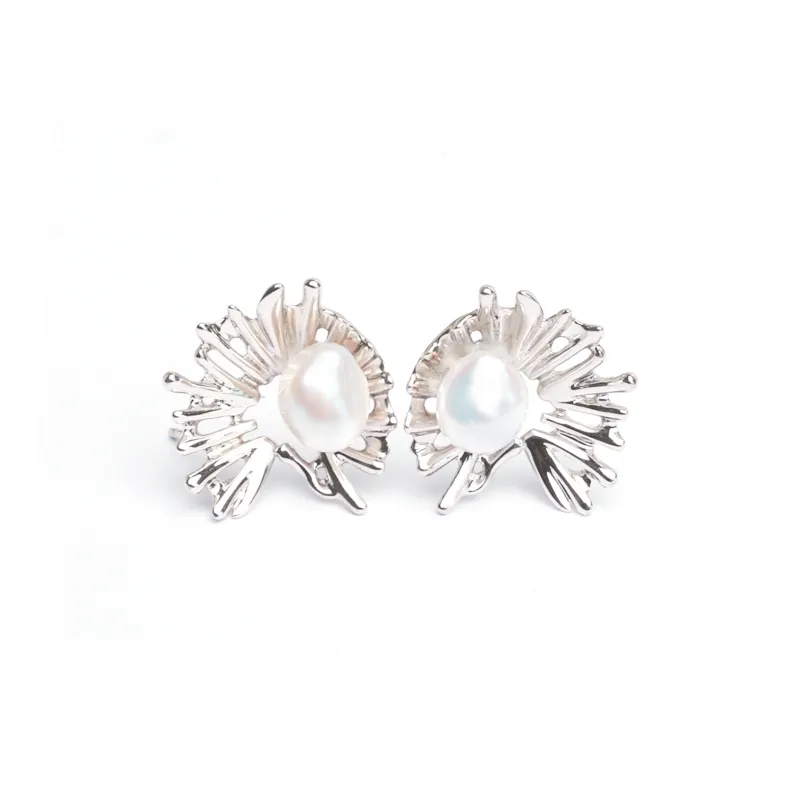 SANWUBALUOKE Freshwater Pearl Stud Earrings Unisex Silver-2