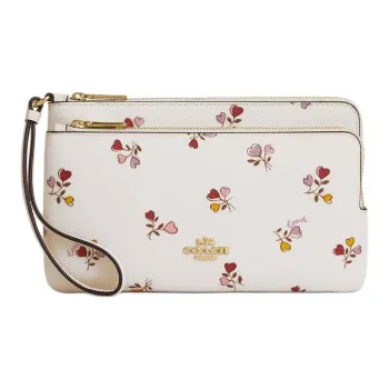 COACH Double Zip Wallet Coated Canvas Wallet Women's Gold And Chalk Multicolor