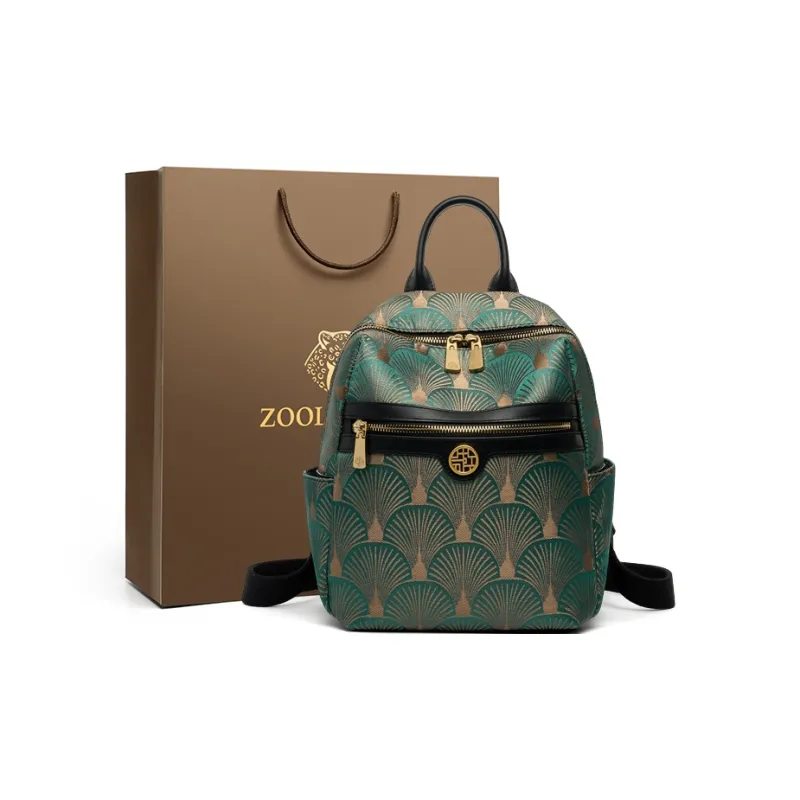 ZOOLER Cow Leather Backpack Medium Size Women's Elegant White/Dunhuang Green/Navy Black-6