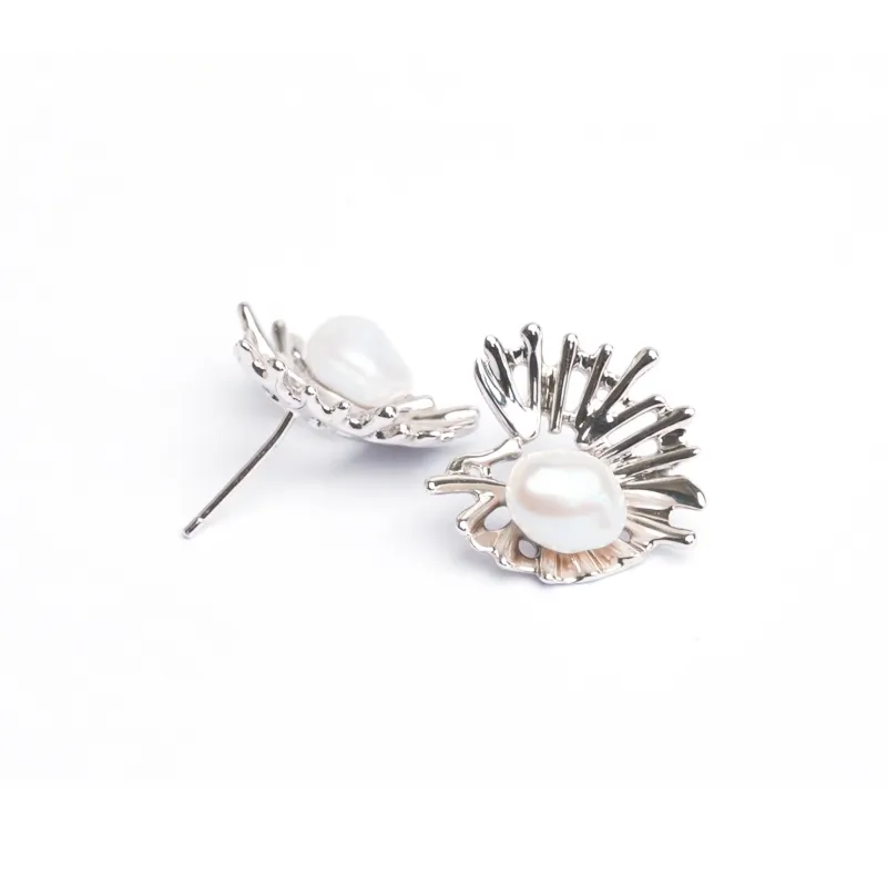 SANWUBALUOKE Freshwater Pearl Stud Earrings Unisex Silver-4