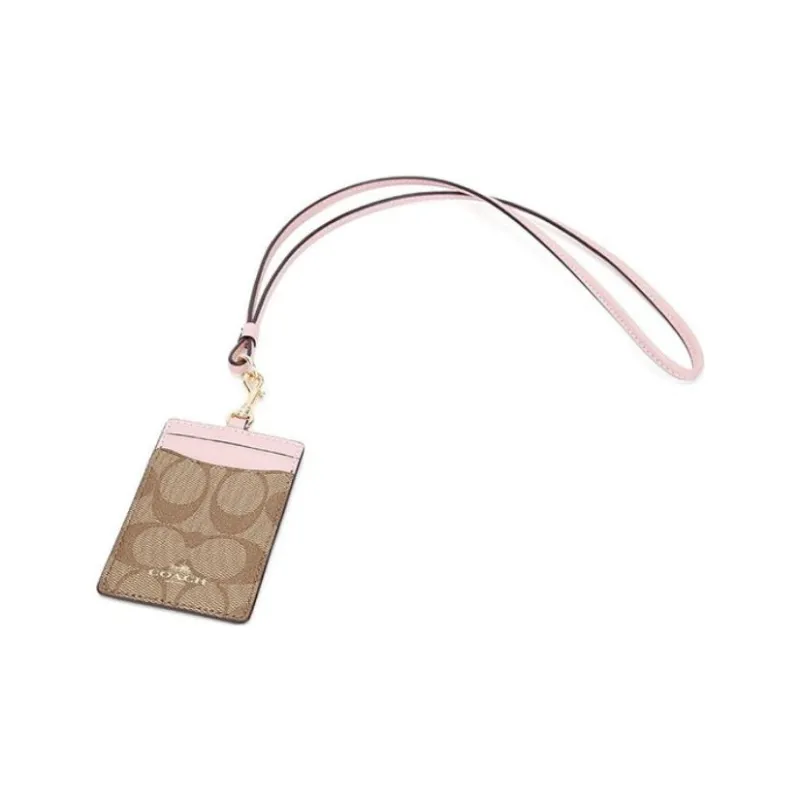 COACH Artificial Leather Card Sleeve Holder Women's Khaki With Light Pink Accents-2