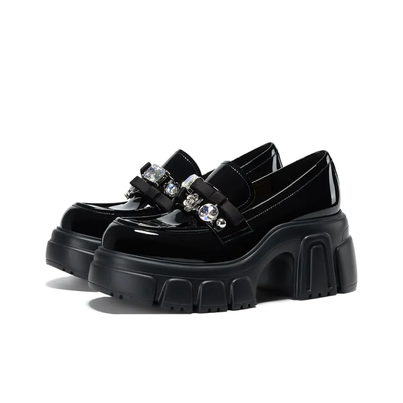 GG CC Fashion Small Leather Shoes Platform Loafers 7.5cm Women's Black-2