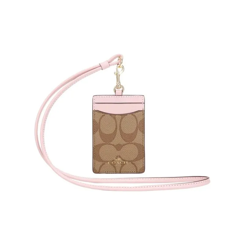 COACH Artificial Leather Card Sleeve Holder Women's Khaki With Light Pink Accents-0