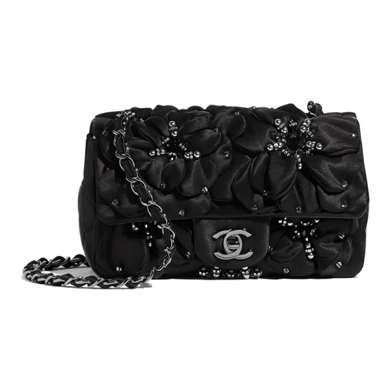 CHANEL Silk Satin Flap Bag Mini Women's Black-0