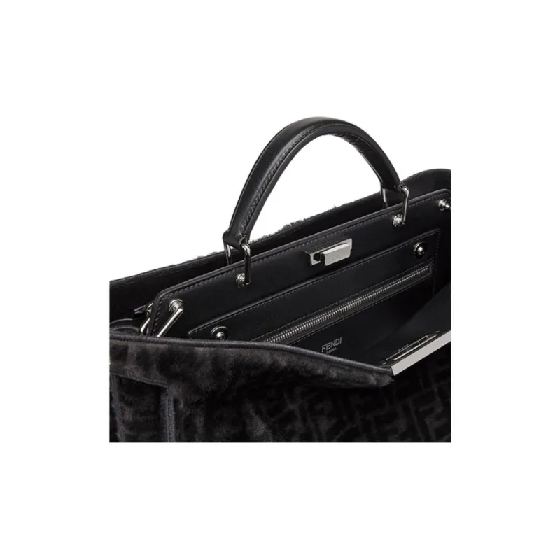 FENDI Peekaboo ISeeU Sheep Wool Calfskin Tote Bag Shoulder Bag Crossbody Bag Handbag Medium Size Men's Black-6