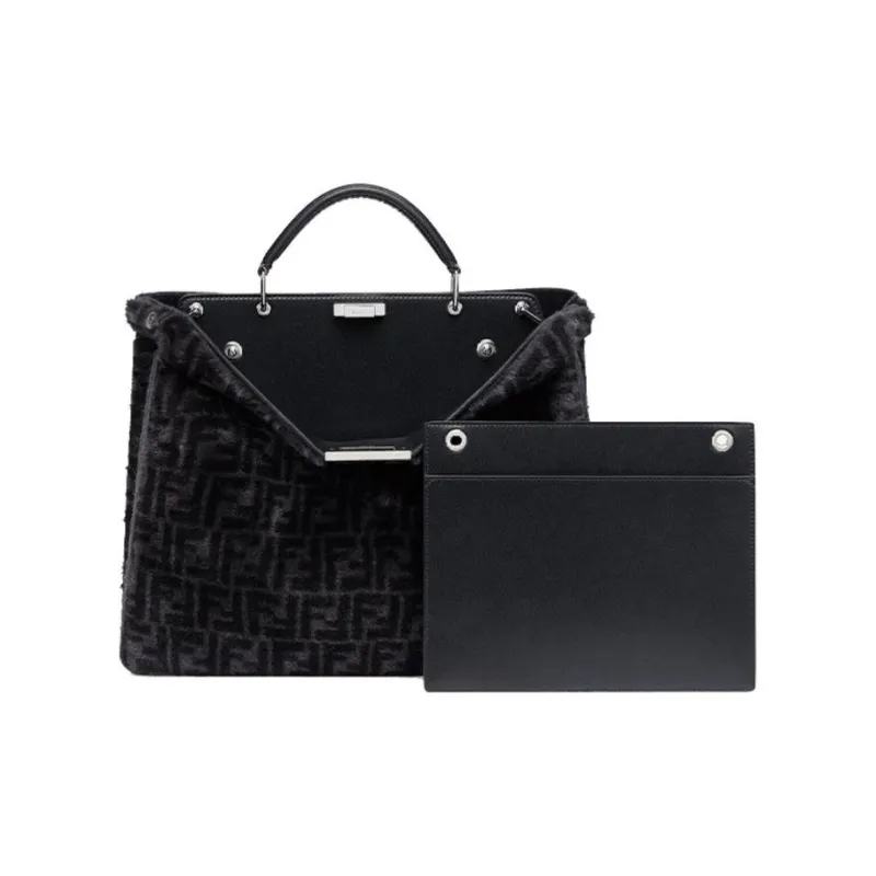 FENDI Peekaboo ISeeU Sheep Wool Calfskin Tote Bag Shoulder Bag Crossbody Bag Handbag Medium Size Men's Black-1