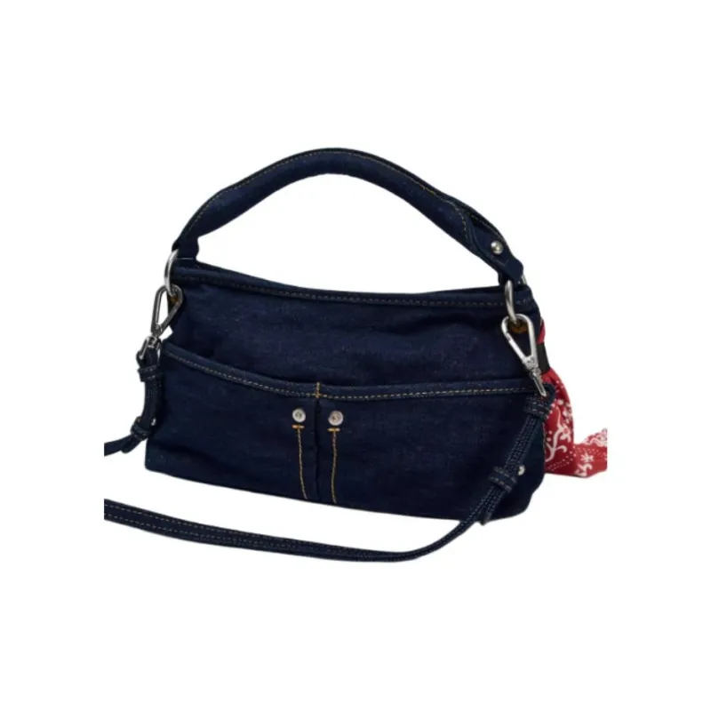 ZARA Cotton One Shoulder Handbag Medium Size Women's Blue-3