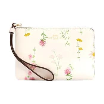 COACH Corner Zip Leather Clutch Small Size Women's Pink White