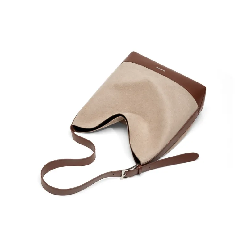 Simvay Clos Fabric With Synthetic Leather Shoulder Bag Crossbody Bag Bucket Bag Large Size Women's Coffee-4