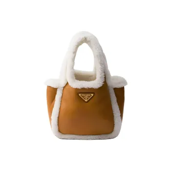 PRADA Leather Tote Bag, Shopping Bag, Handbag Mini Women's Cognac With Natural Color