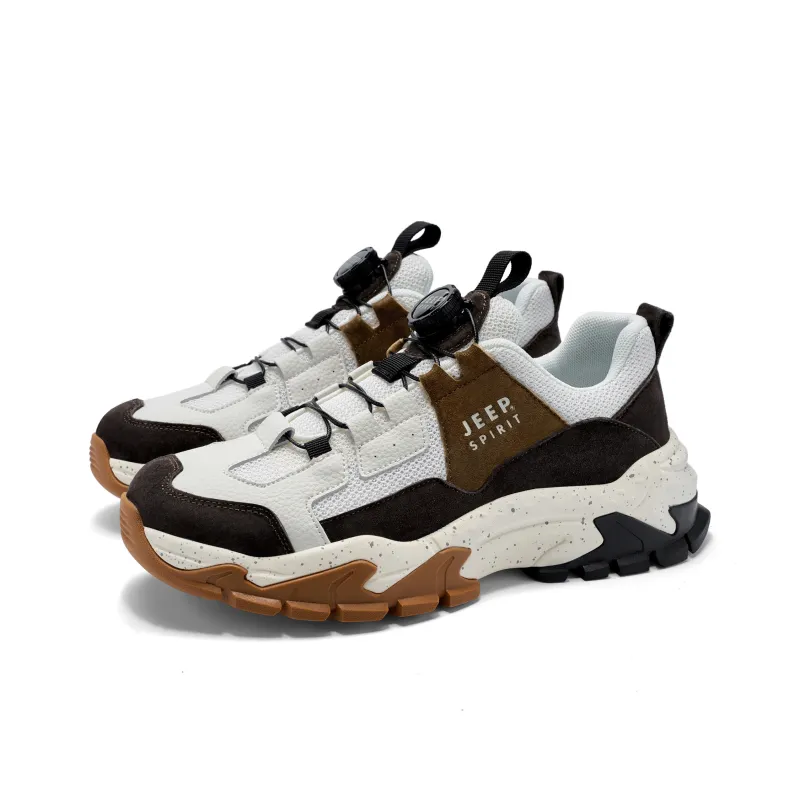 JEEP SPIRIT Anti-Slip Wear-Resistant Breathable Lightweight Height Increasing Low-Top Chunky Sneakers Men's White Brown-3