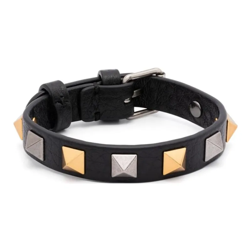 Valentino Leather Studs Wristbands Men's Black-0