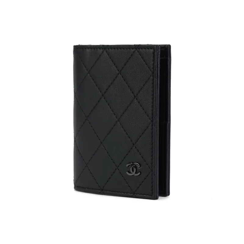 CHANEL Matte Cowhide Passport Holder Card Wallet Trumpets Women's Black-1