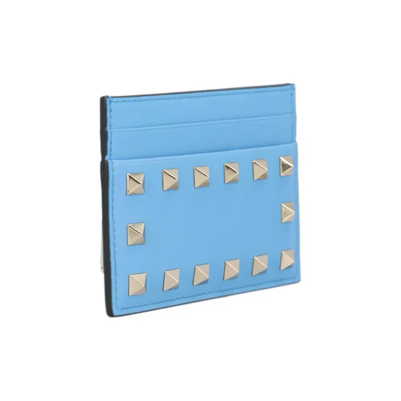 Valentino Rockstud Calfskin Card Holder Regular Women's Blue-1