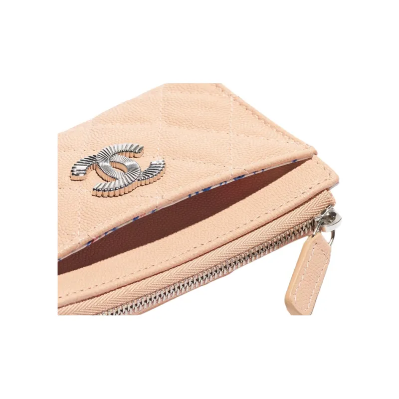 CHANEL Shiny Grain Embossed Calfskin Card Holder Women's Beige-3