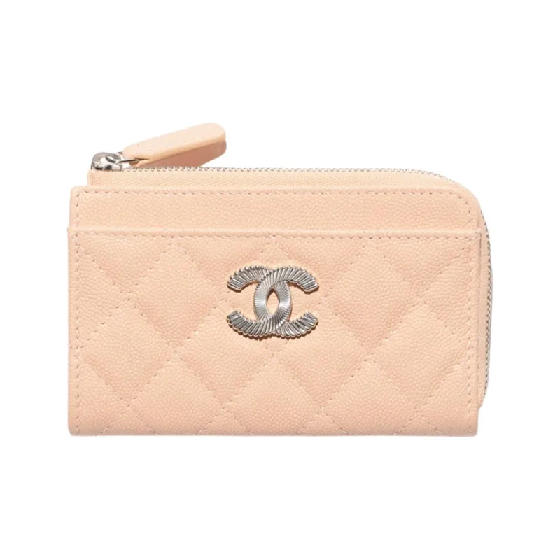 CHANEL Shiny Grain Embossed Calfskin Card Holder Women's Beige-0