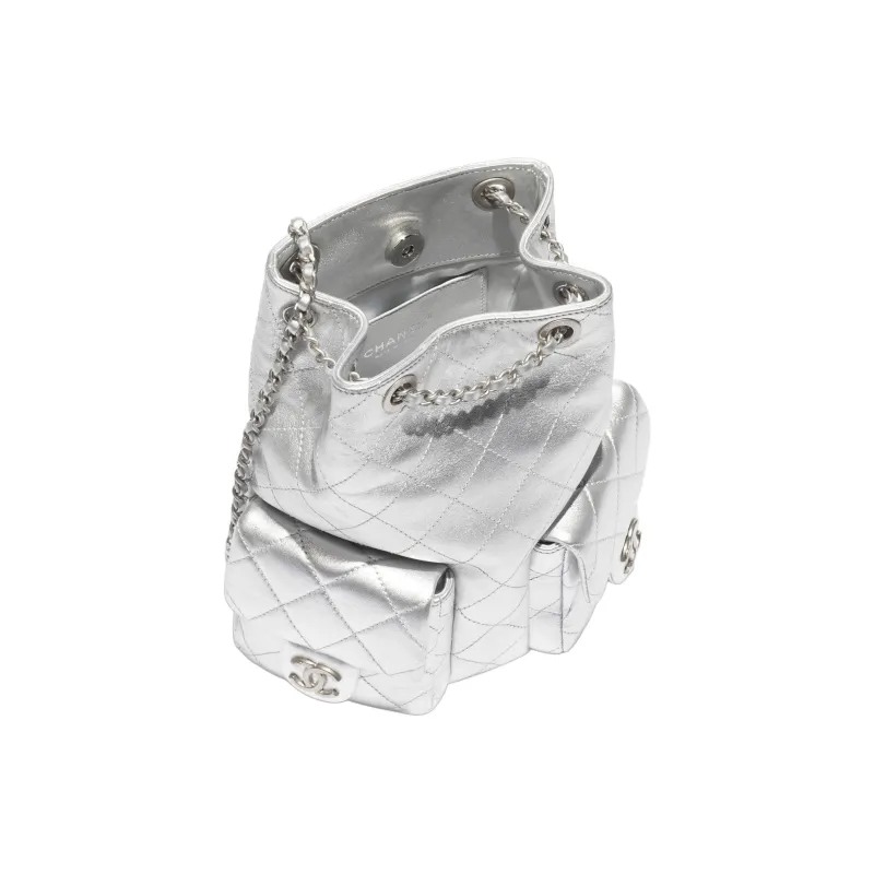 CHANEL Lambskin Backpack Women's Silver-3