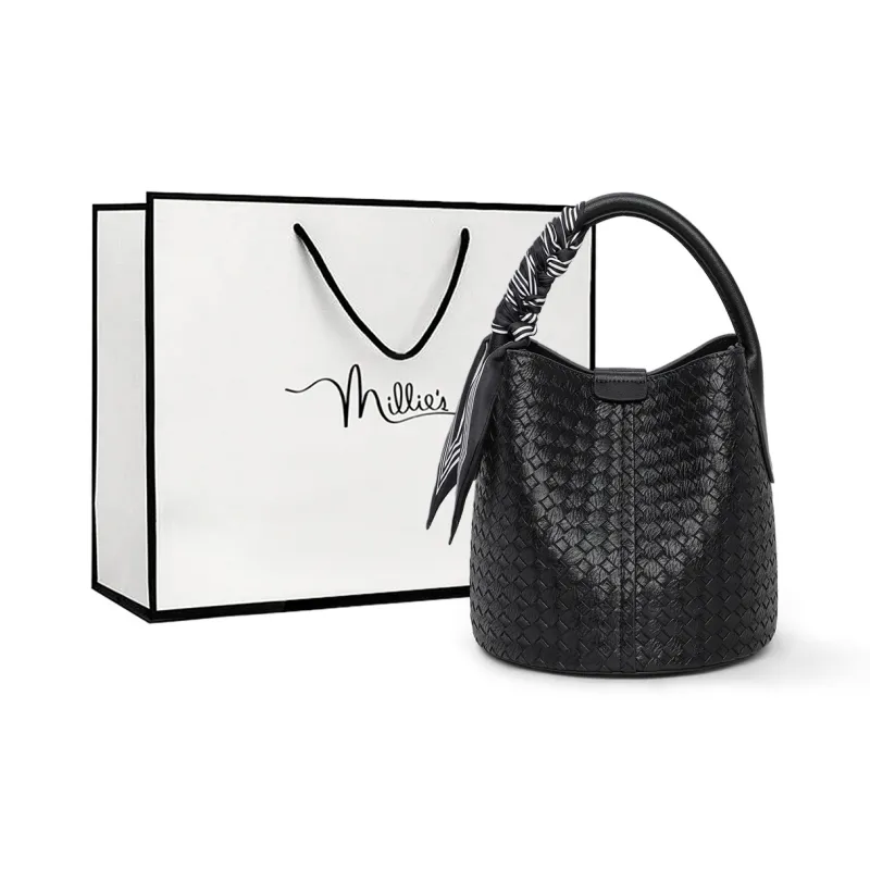 MILLIE'S Cow Leather With Synthetic Leather Bucket Bag, Portable Crossbody Bag, Shoulder Bag Regular Women's Black-0