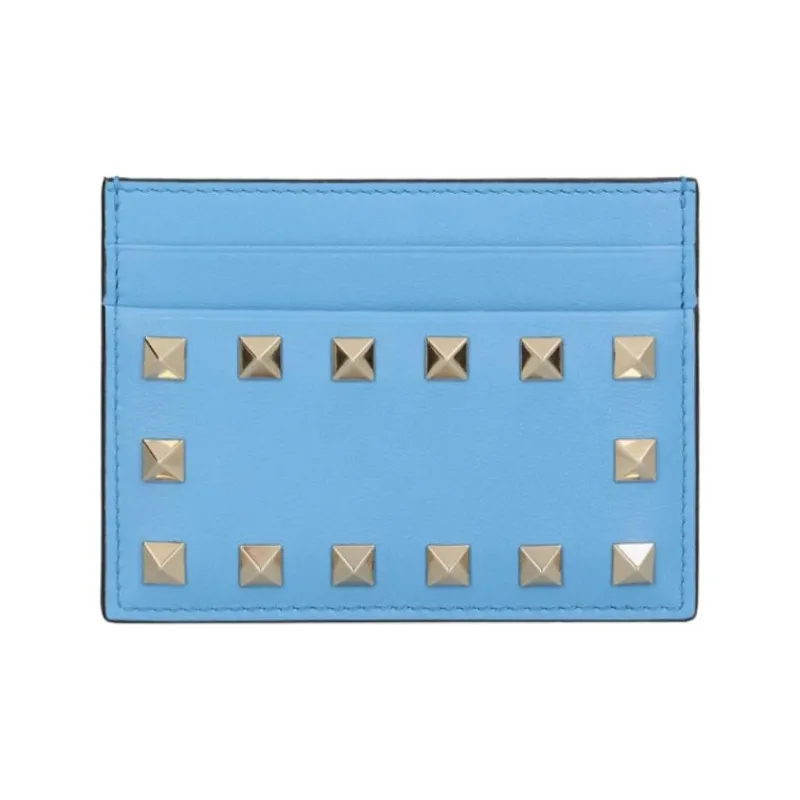 Valentino Rockstud Calfskin Card Holder Regular Women's Blue-0