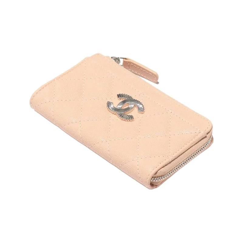 CHANEL Shiny Grain Embossed Calfskin Card Holder Women's Beige-2