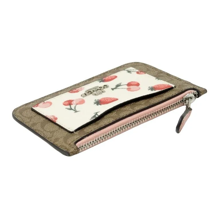 COACH Zip Top Card Case Canvas With Leather Card Holder, Coin Purse Mini Women's Khaki & White-2