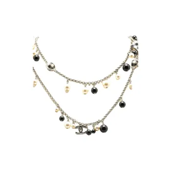 CHANEL 2011 Faux Pearl Beaded Cc Gingham Bow Charms Necklace Costume Necklace